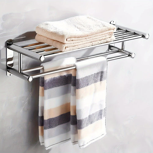 1pc Wall Mount Bathroom Double Layer Shelf - 19.69" Long, Easy Install with 5 Hooks, Polished Mirror Finish, Wide Spacing for Ventilation & Drying, for Home Bathroom, Hotel Toilet