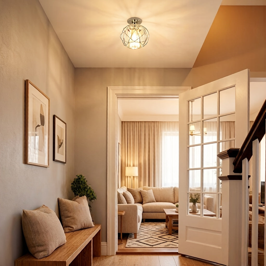 (Chrome) Hallway Ceiling Light Fixture, Recessed Ceiling Light with Metal Mesh Shade Indoor Industrial Style Ceiling Light E26 Semi-Flush Mount Ceiling Light, Suitable for Porch, Entryway, Bathroom (Bulb Sold Separately)