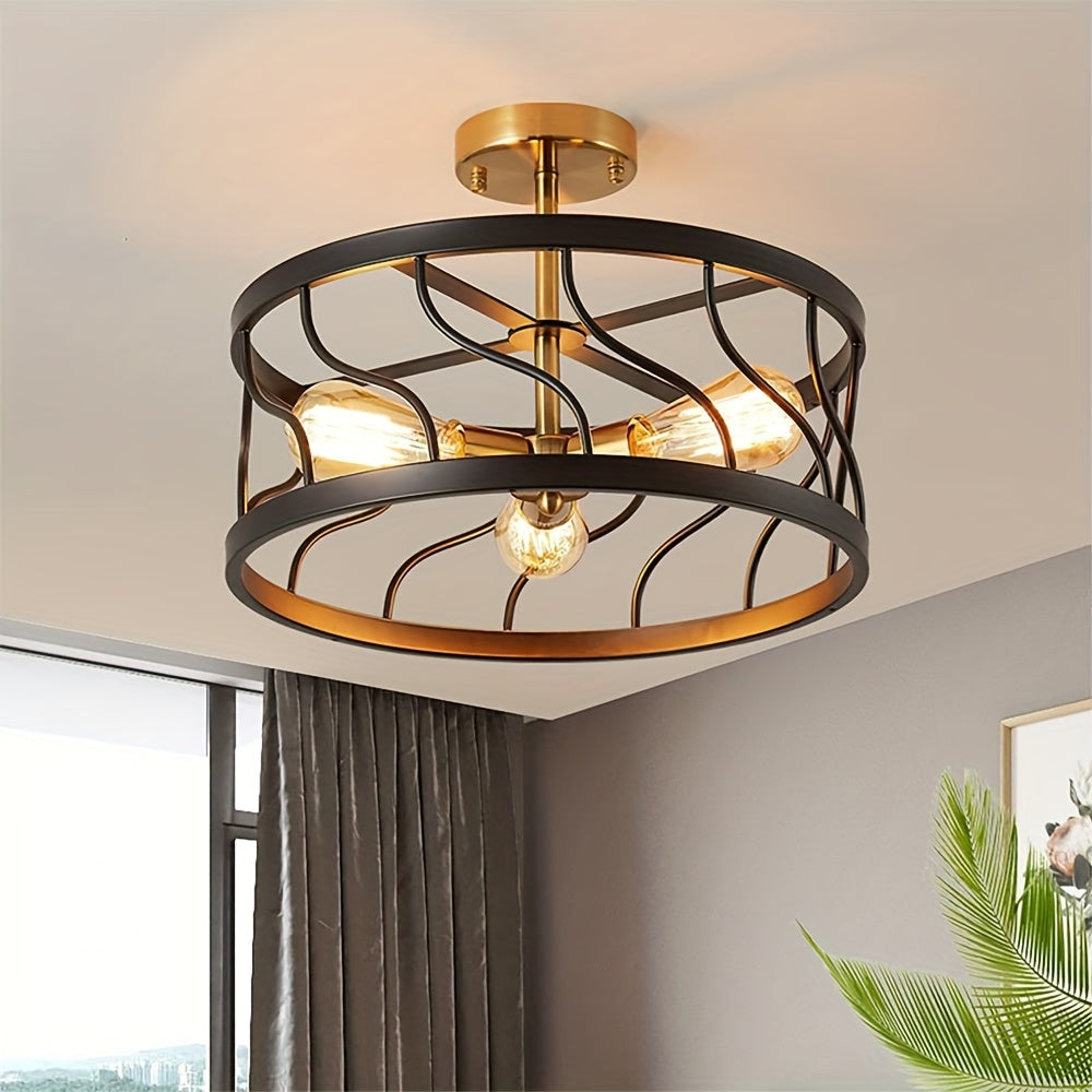 Modern 3-Light Black and Gold Semi-Flush Mount Ceiling Fixture with Drum Cage Design - Elegant Metal Lighting for Kitchen, Hallway, Bedroom or Living Room, E26 Base (Bulb Not Included), Living Room Decor | Modern Ceiling Light | Durable Metal