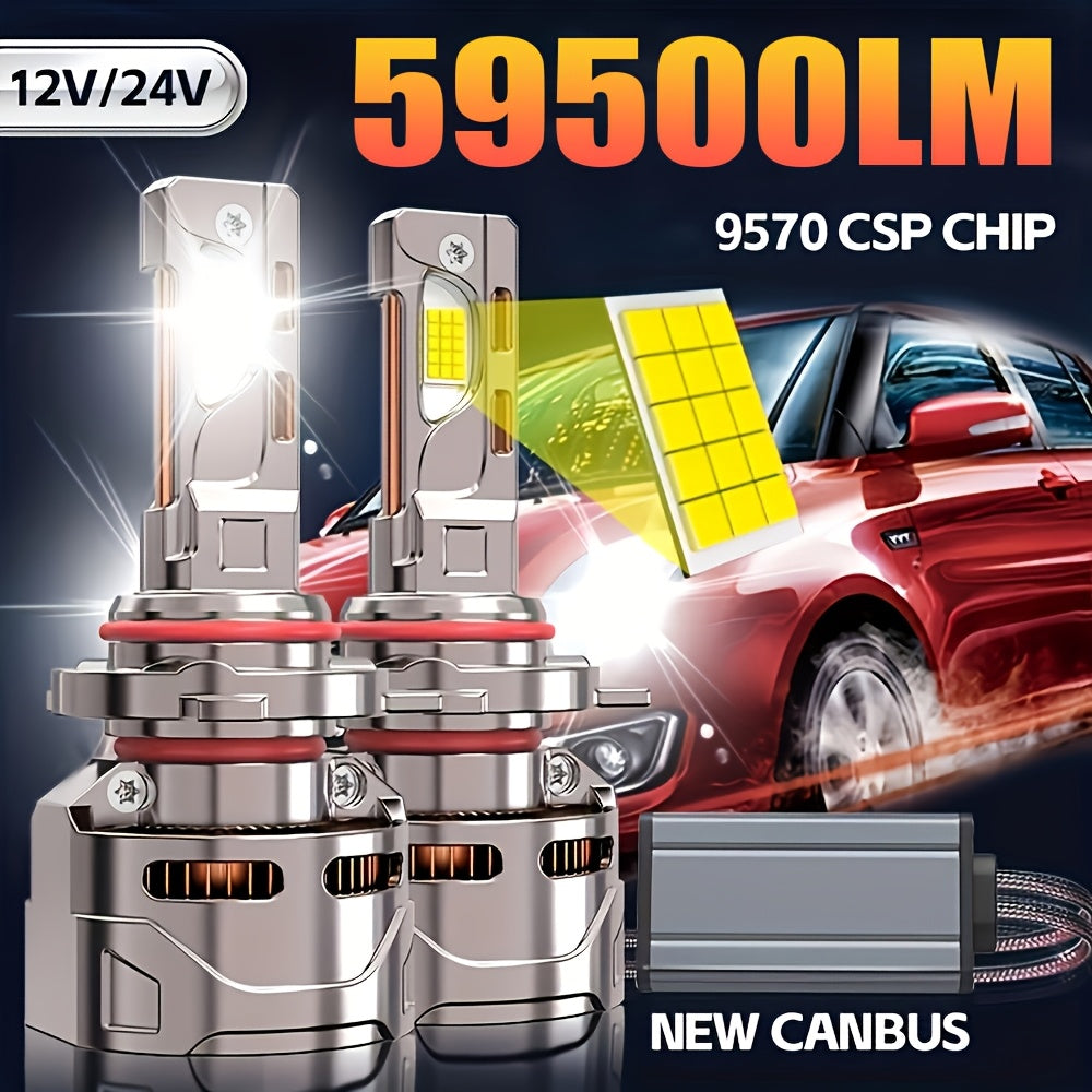 2Pcs for Truck or Car (12V-24V) 59500LM Super Bright LED Canbus H8 H9 H11 H16, H1, H7 H18, 9005/HB3, 9006/HB4, 9012/HIR2, Car Light, 7500K, 9570 Chip, 800% Brightness, Car Headlight Bulbs