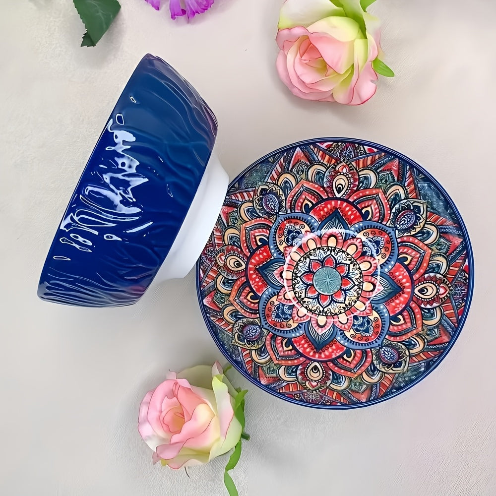 4-Piece Bohemian Style Ceramic Bowl Set, 6.5-Inch, Pattern Design, Striped Salad Bowl, Multi-Purpose – Perfect for Cereal, Soup, Oatmeal, Pasta Bowl, Large Salad Bowl