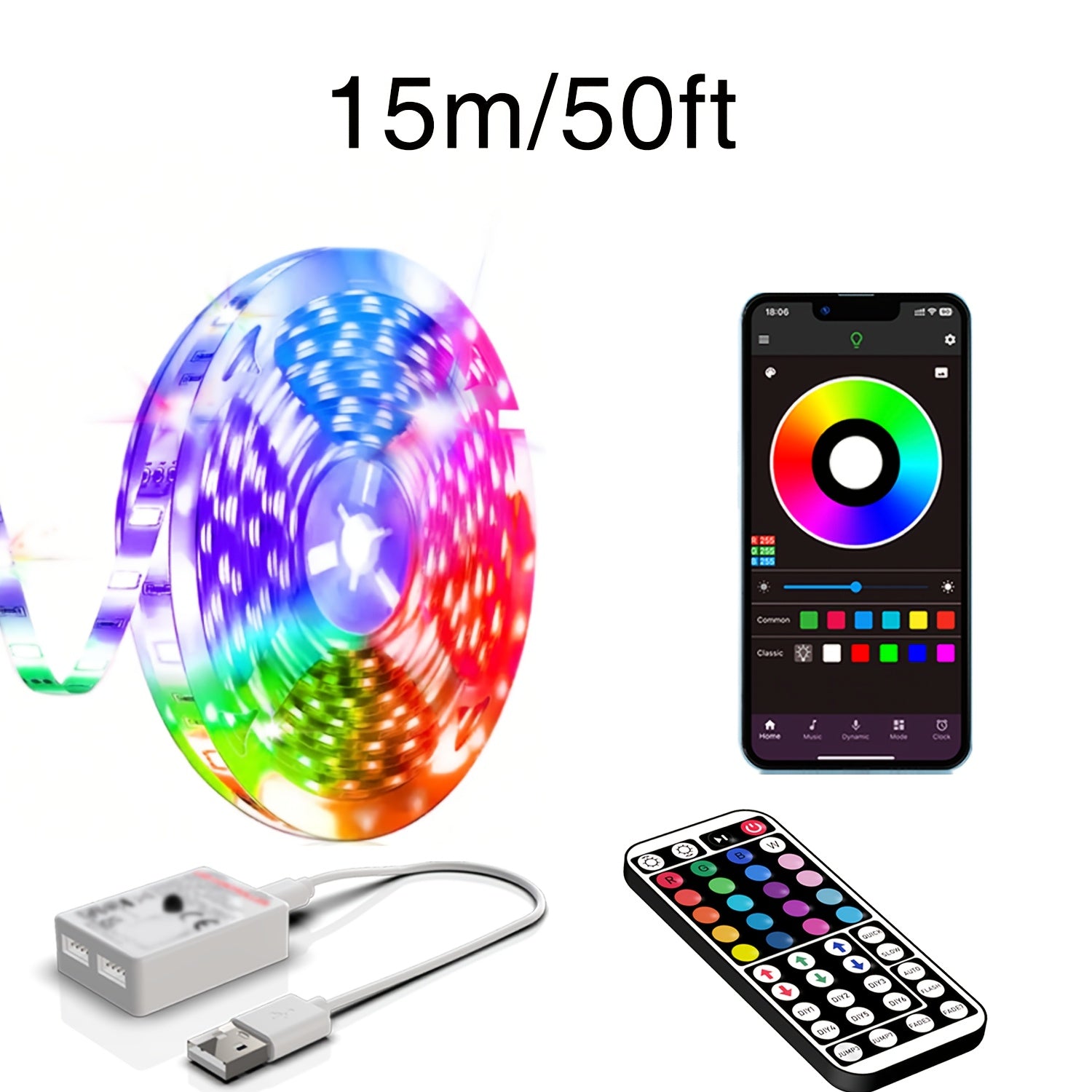 NBBUFF 3.28-100英尺智能电子LED灯带，USB供电RGB灯带，房间装饰照明，支持APP和遥控，定时功能，音乐同步，1600万种颜色，64+种场景模式，适用于卧室、电视、电脑背光、万圣节、圣诞节、派对及婚礼装饰