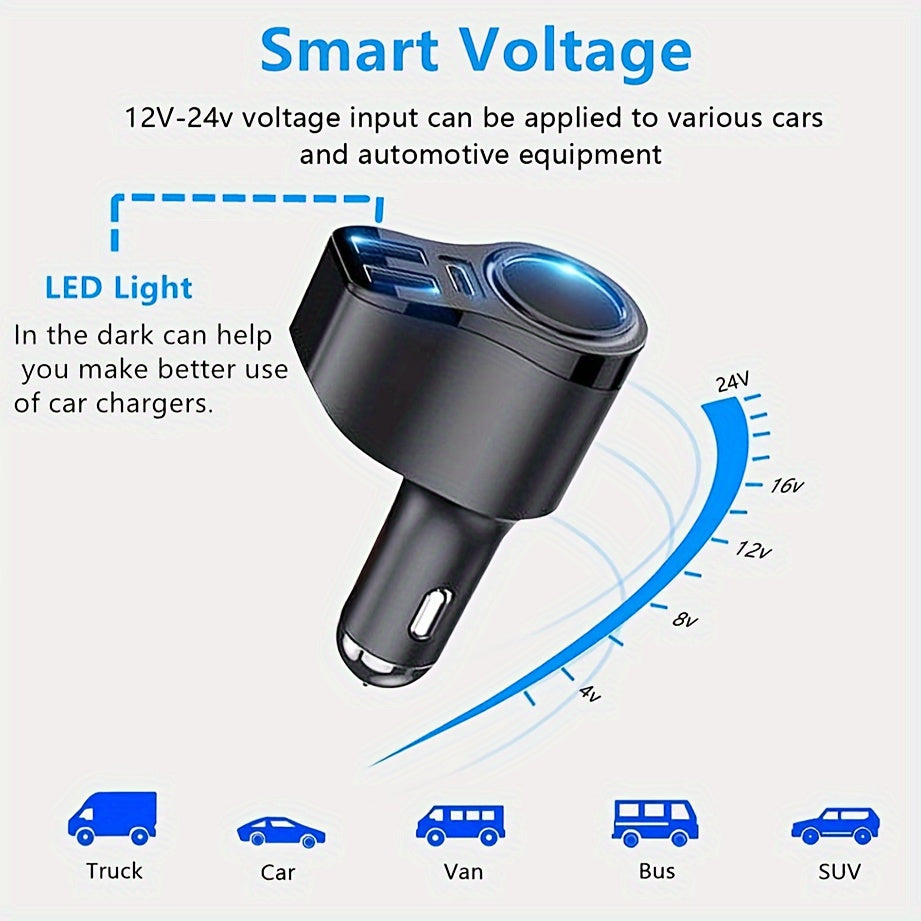 4-in-1 USB-C Car Charger, 47 Watts, Multi-Function Socket Splitter with 3 USB Ports, 12V/24V Dual USB Type-C PD Fast Car Adapter, GPS