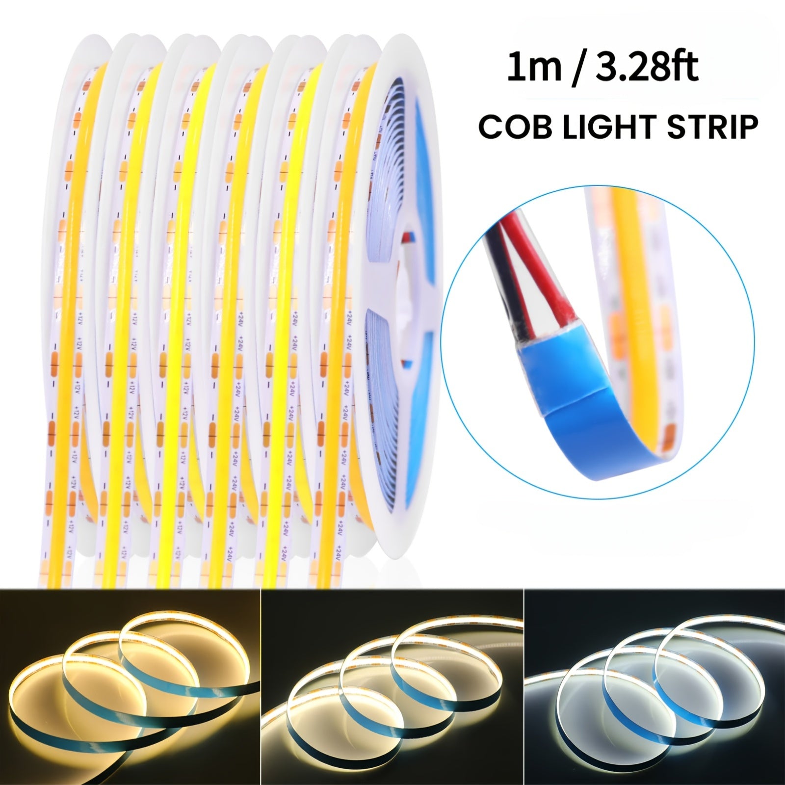 12V COB LED燈條，高密度軟矽膠燈帶，320 LED/公尺，8mm PCB線性燈，提供3000K、4000K和6000K