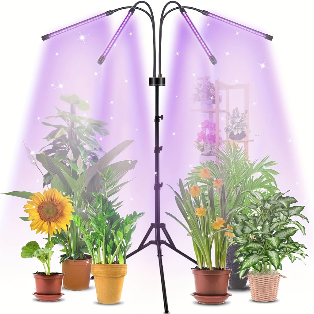Indoor plant grow light, equipped with 4 heads, with full spectrum capability of red, blue and white light, comes with adjustable tripod ranging from 29 to 61 inches, the light includes a remote control and automatic on/off timer function