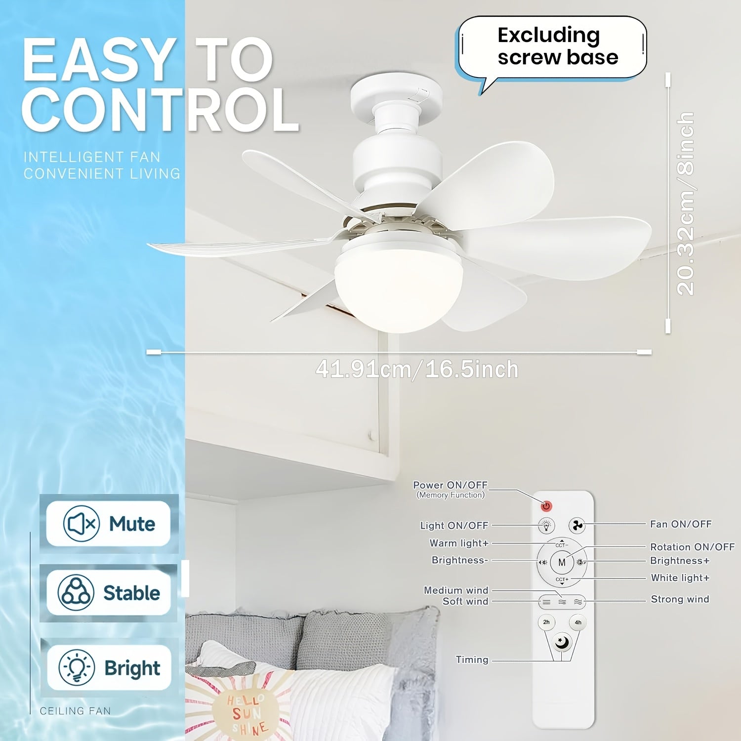 20.5/16.5 Inch Smart LED Ceiling Fan Light, Multicolor & White Light with Remote, 3 Color Temperatures (3000K-6500K) Dimmable, Quiet 3-Speed, Easy Installation, E26/E27 Interface, Modern Ceiling Fan Lamp, 40W for Bedroom Kitchen Garage Workshop
