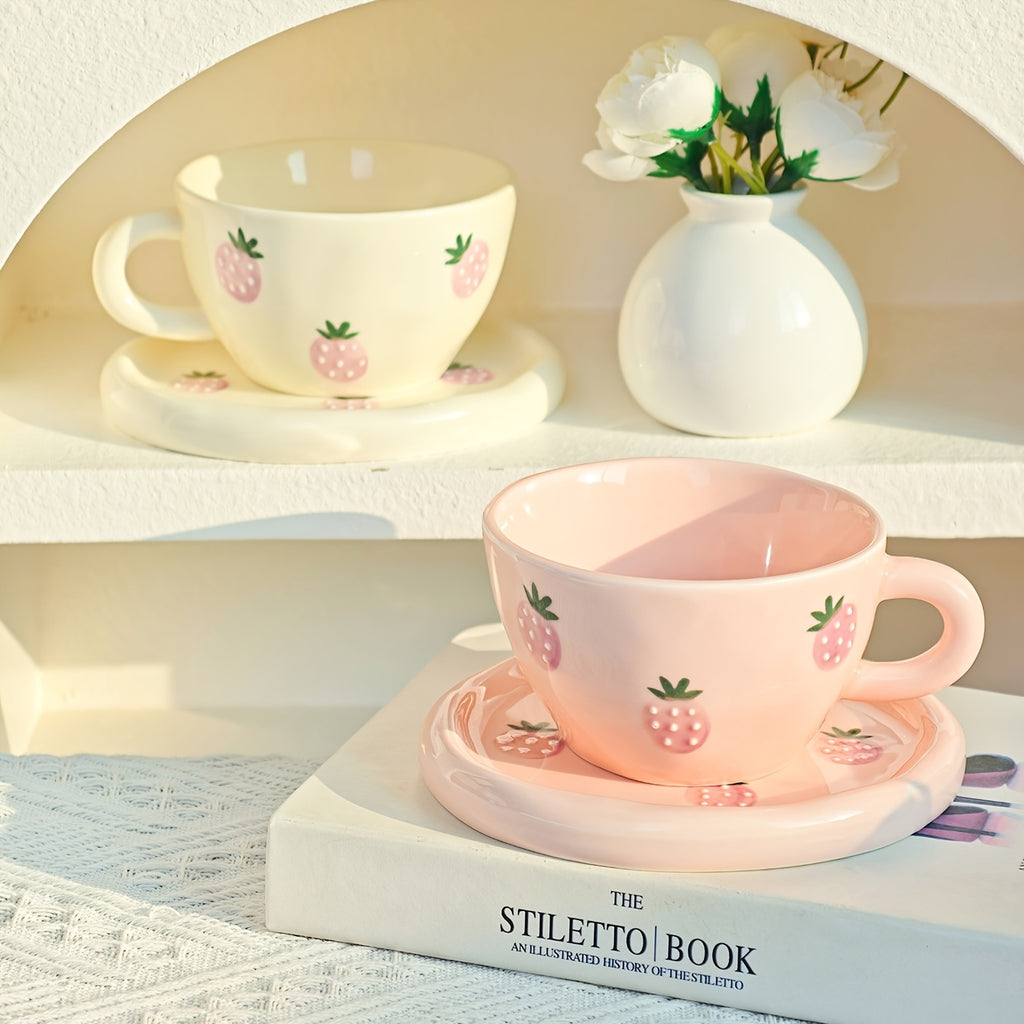 1 Set Creative Simple Hand-Pinched Hand-Painted 3D Relief Cherry Blueberry Lemon Ceramic Coffee Cup & Saucer for Home Use