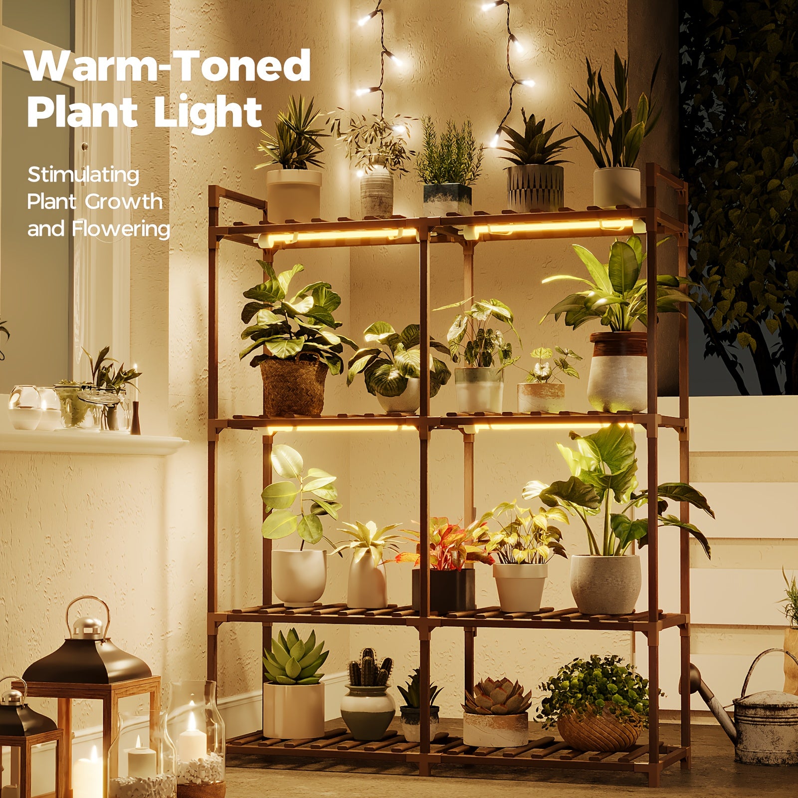BF Plant Stand with Grow Light, 4-Tier Wooden Plant Stand, 44.7 Inch Tall Indoor Plant Shelf, Multi-Tier Large Plant Display Rack, Corner Plant Holder for Living Room & Patio