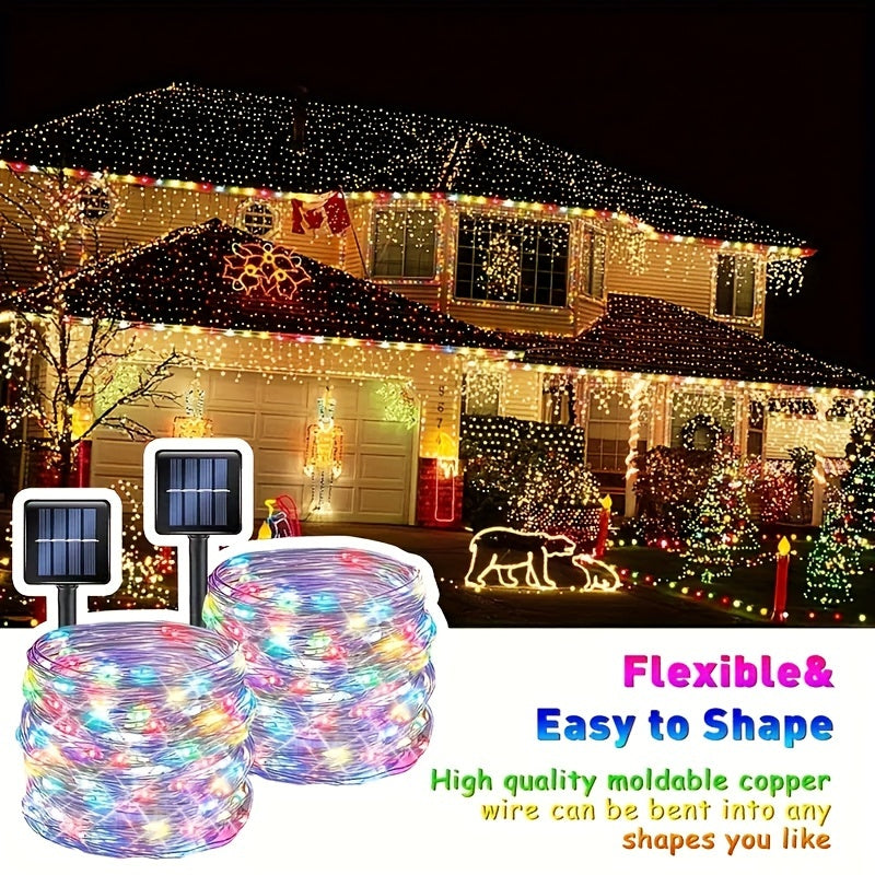 2个装 104英尺 (300LED) 太阳能户外灯，户外太阳能灯串，铜线 8种图案 太阳能童话灯 庭院 树木 圣诞派对 婚礼 (暖白/冷白/多色)