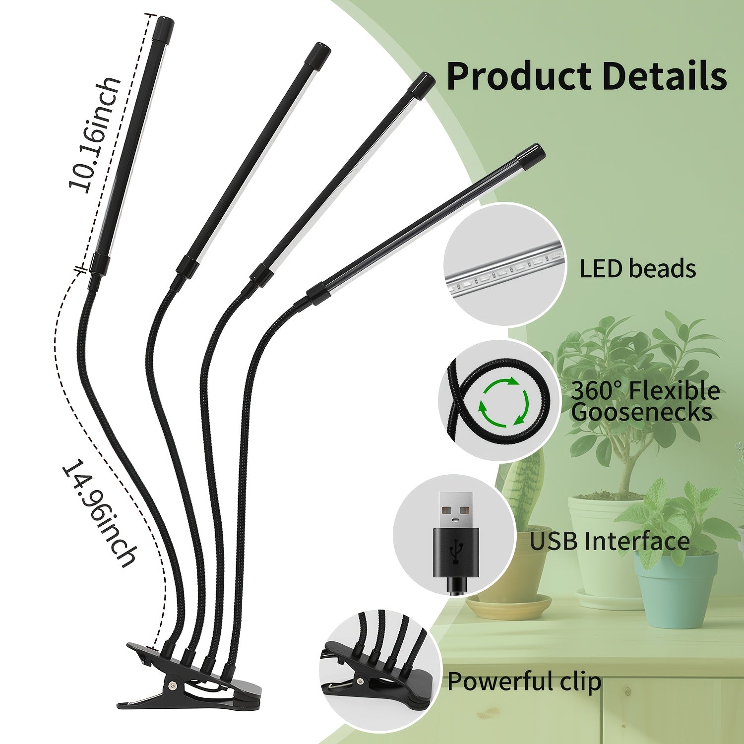 Smart gardening LED plant light, adjustable light source plant grow light, multi-angle clip design, timer function, universal for flowers