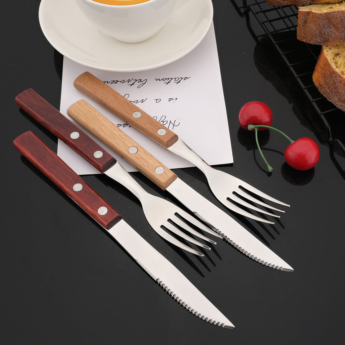 24-Piece Stainless Steel Cutlery Set with Wooden Handles – Mirror Polished Knife, Fork, Spoon & Tea Spoon – Vintage Flatware Set Service for 6 – Perfect for Home, Restaurant & Weddings