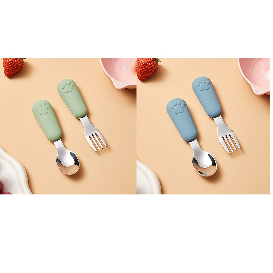 1/2 Set Bear Paw Shape Children's Short Handle Fork & Spoon Set – 304 Stainless Steel Non-Slip Grip | Baby & Toddler Self-Feeding Training Cutlery, Learning Meal Training Utensils