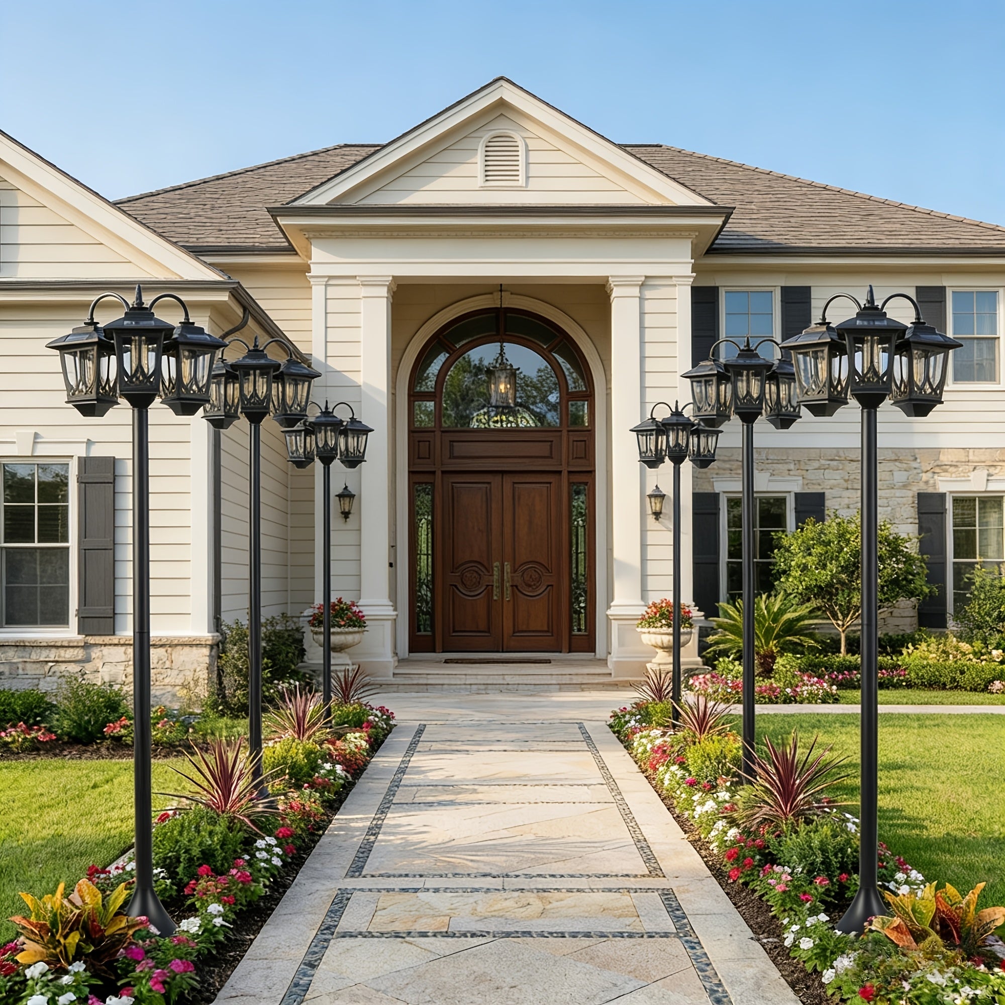 3-Head Solar Outdoor Lamp Post | 73 Inch Light Post, Dusk-to-Dawn Auto On/Off, Metal Material, Semi-Flush Mount Installation, Suitable for Garden Courtyard Home, Mardi Gras, Easter Decoration