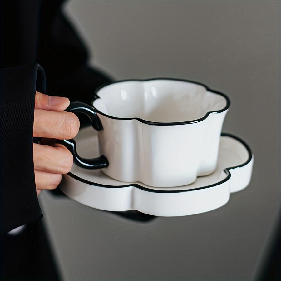 Nordic Simple Petal-Shaped Ceramic Coffee Cup & Saucer Set – Unique Office & Home Afternoon Tea Cup Set, High-End & Exquisite, High-Appeal Birthday Gift, Souvenir – Reusable, Hand Wash Only