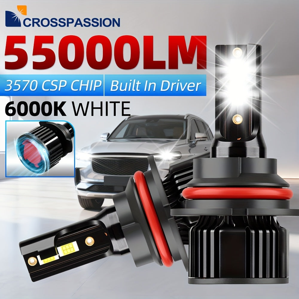 CROSSPASSION 55000 Lumens LED Headlights, Compatible with 9005 HB3 9006 HB4 H1 H4 H7 H11 H13 9007 High/Low Beam Bulbs, 3570 CSP Chip, 6000K White Light, Built-in Driver Plug-and-Play, 2-Pack