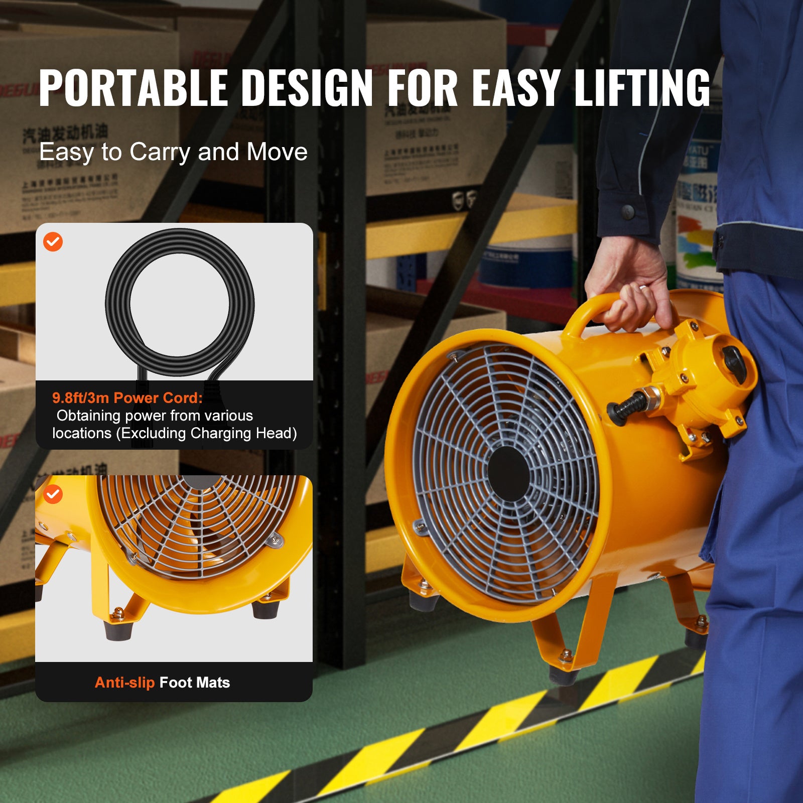 VEVOR Portable Ventilator, 12"/16" Heavy Duty Cylinder Fan, 550W/1100W Powerful Exhaust Fan, 2500CFM/4240CFM, 9.8ft/16.4ft Power Cord (No Charging Head), Industrial Dust & Smoke Blower, for Home/Workplace