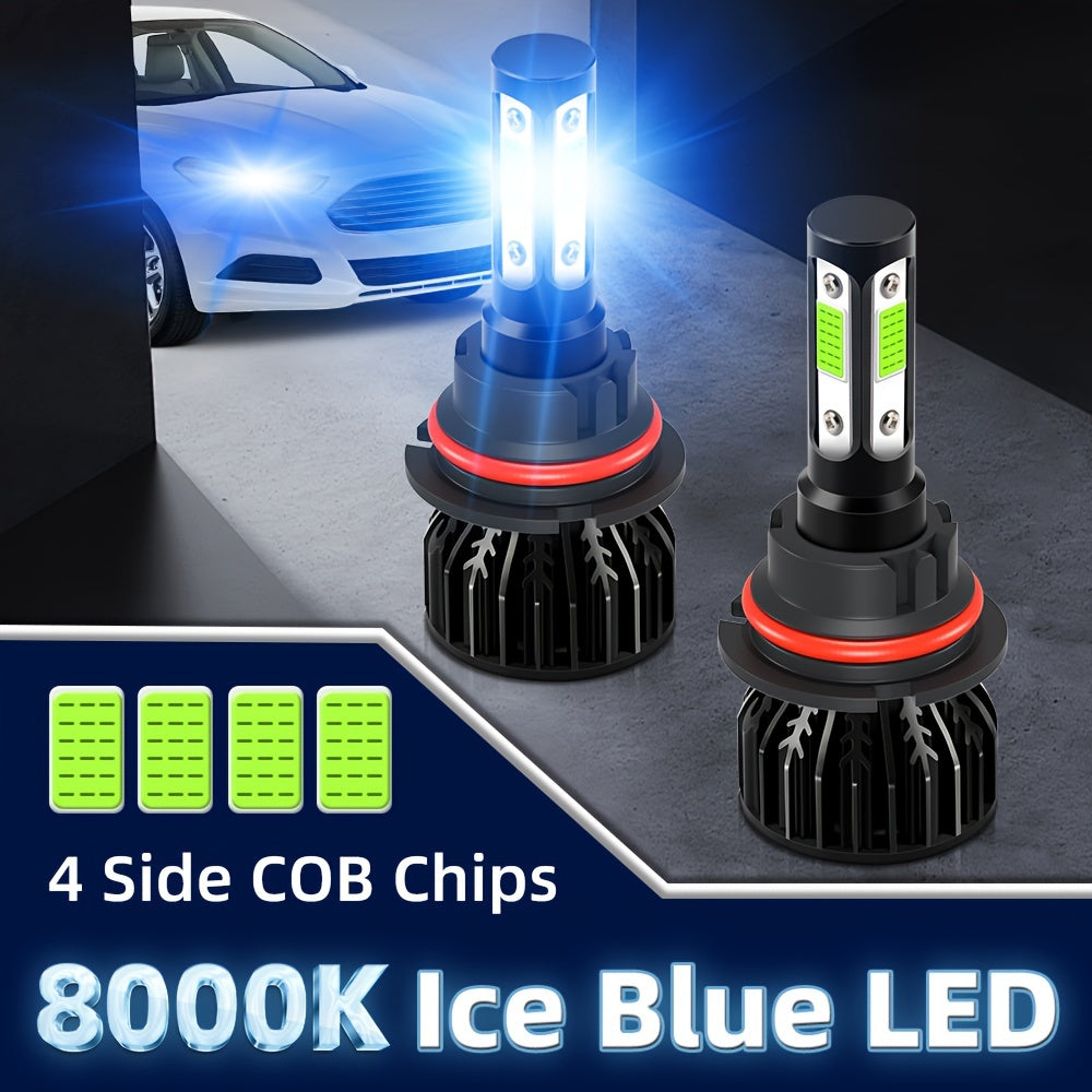 2 High/Low Beam Headlights, Luminous Intensity 30000 Lumens, 8000K Ice Blue Light, Equipped with 4 Side COB Chips, Including Models 9005/HB3, 9006/HB4, H4, H7, H11, H13, 9004 and 9007, No Battery Included