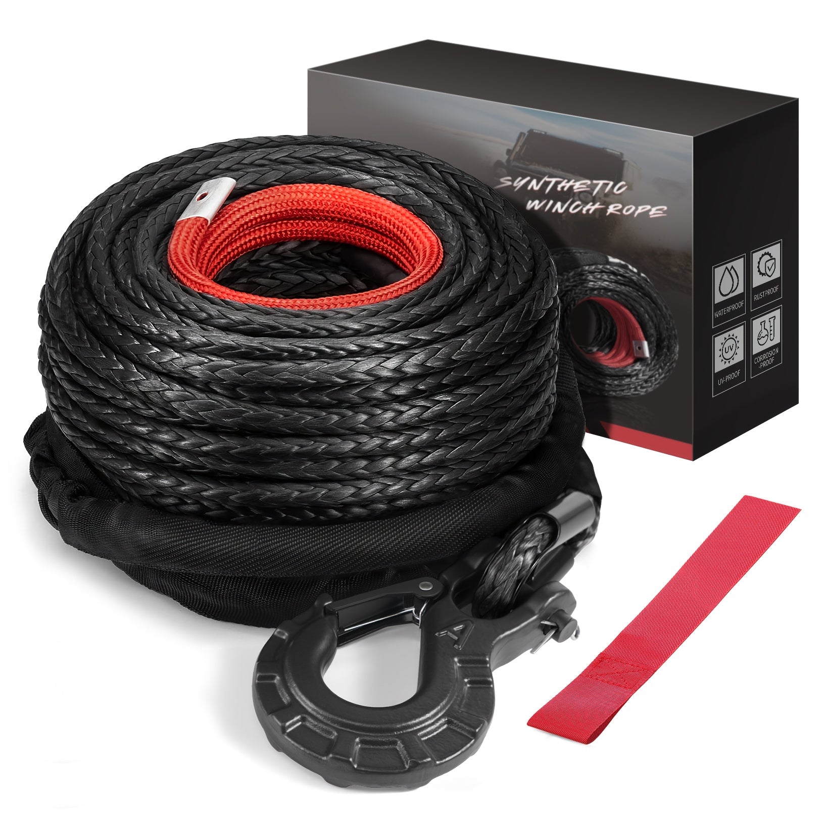 Synthetic Winch Line, 3/8 Inch x 92 Feet 25,500 Lbs Synthetic Winch Rope for 4WD Vehicles SUV Jeep, with Forged Winch Hook