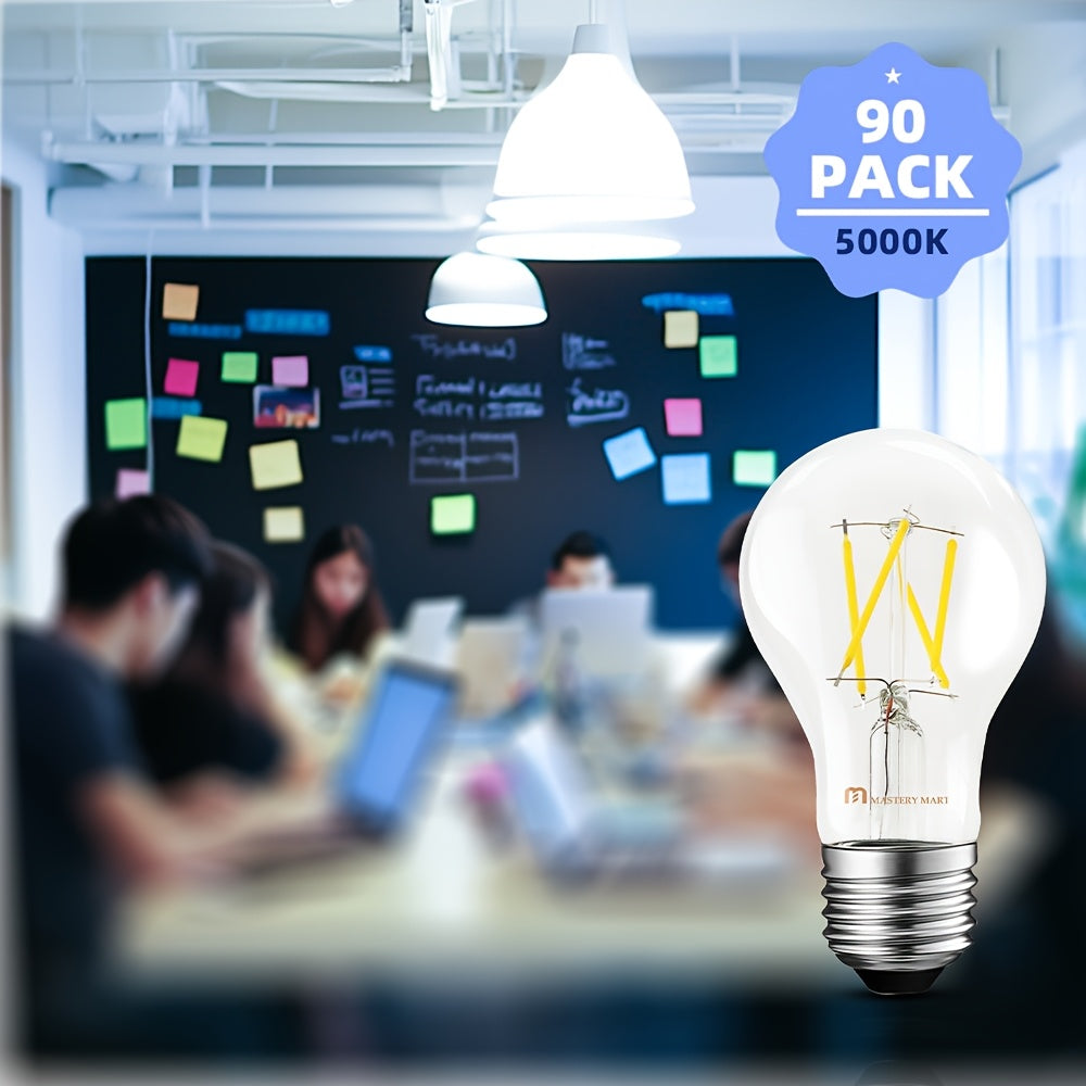 90-pack (5W/40W equivalent) dimmable LED bulb - A19 clear glass tube, E26 screw base, 5000K daylight white, CRI 80+, high energy efficiency, suitable for office and dimmable fluorescent replacement (cost-effective)