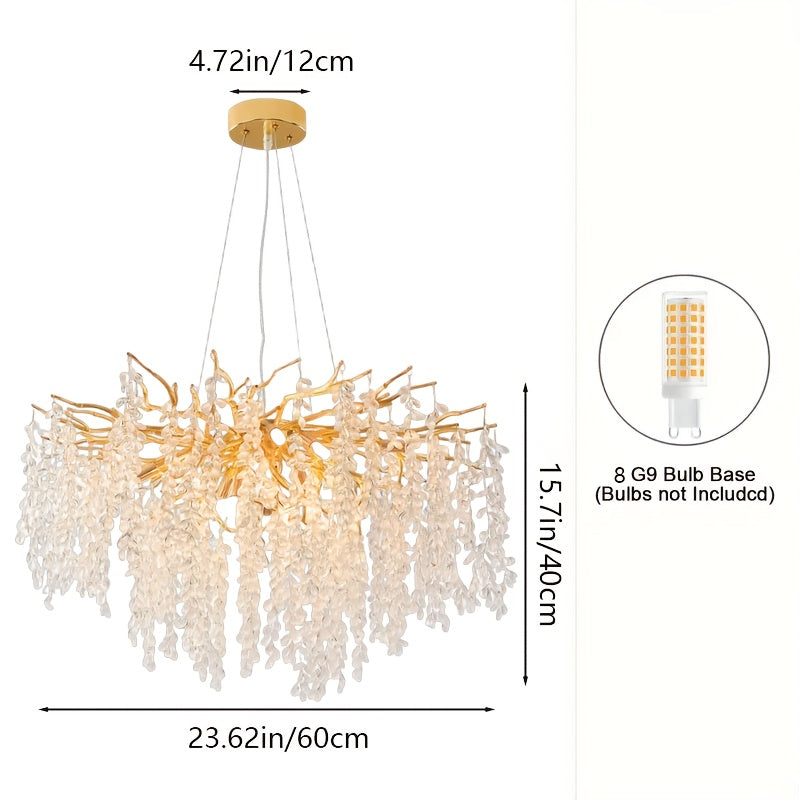 1 piece modern branch-shaped round crystal chandelier, gold handcrafted aluminum branch design, semi-flush mount installation, compatible with G9 bulbs (bulbs not included), suitable for dining room, living room, bedroom, villa