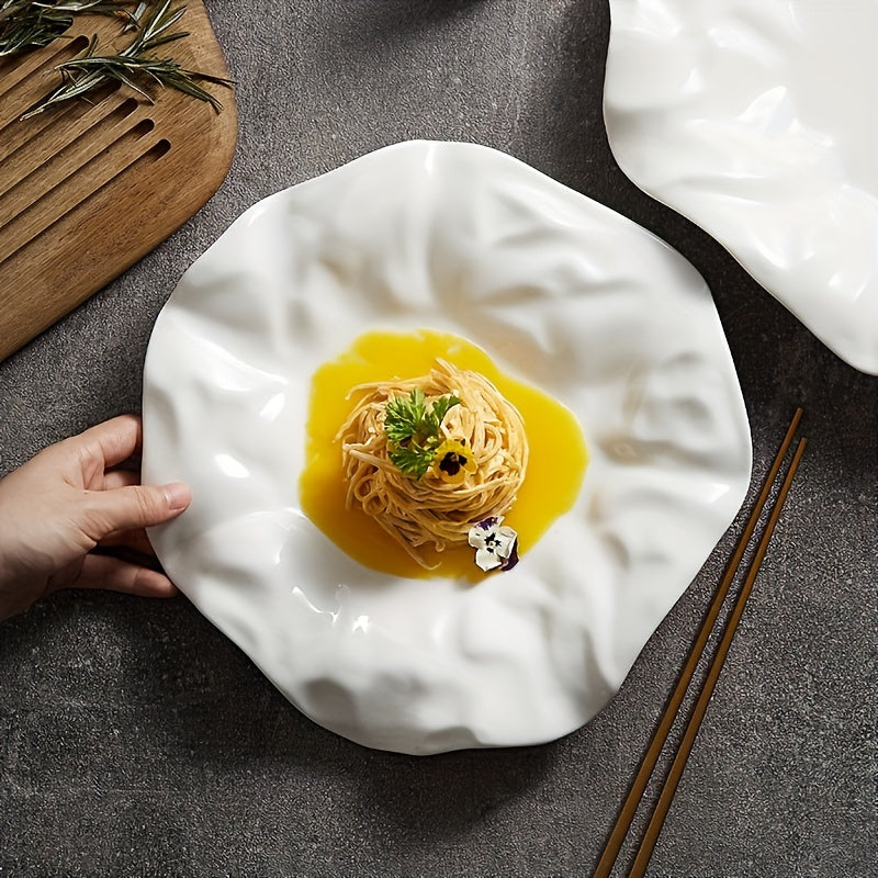 1 pc, Creative Pleated White Ceramic Dinner Plate, Hotel Serving Plate, Pasta Plate, Dessert Plate, Restaurant Commercial Plate, Dessert Tray, Sashimi & Sushi Platter
