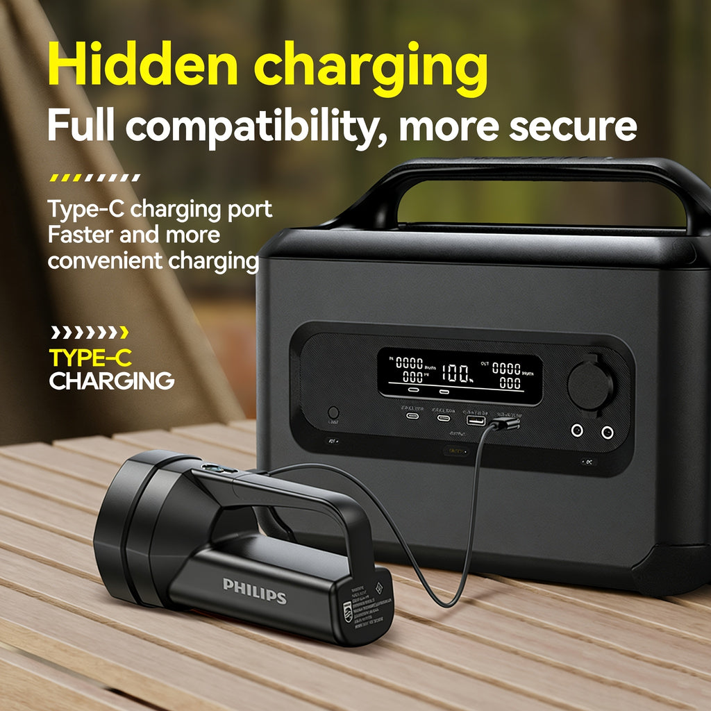 Philips High Lumen Flashlight, Hand Crank Emergency Function, 5 Adjustable Lighting Modes, High Capacity Battery for Long-Lasting Runtime, COB Side Light, Ideal for Fishing, Emergencies, Outdoor Activities, Camping & Home Use