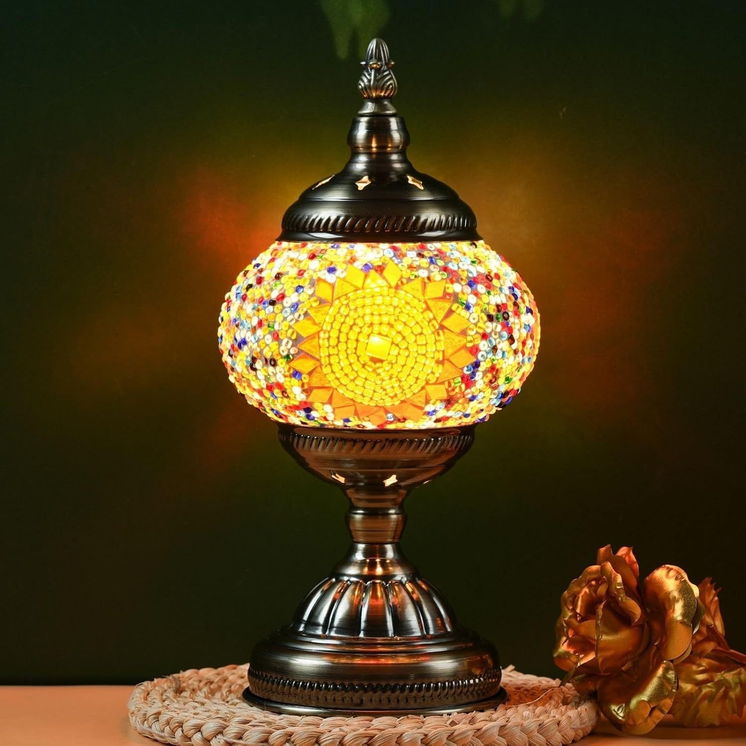 Three-color adjustable handmade Moroccan mosaic table lamp - unique artistic metal base glass bedside night light, bulb included, suitable for bedroom, living room decoration