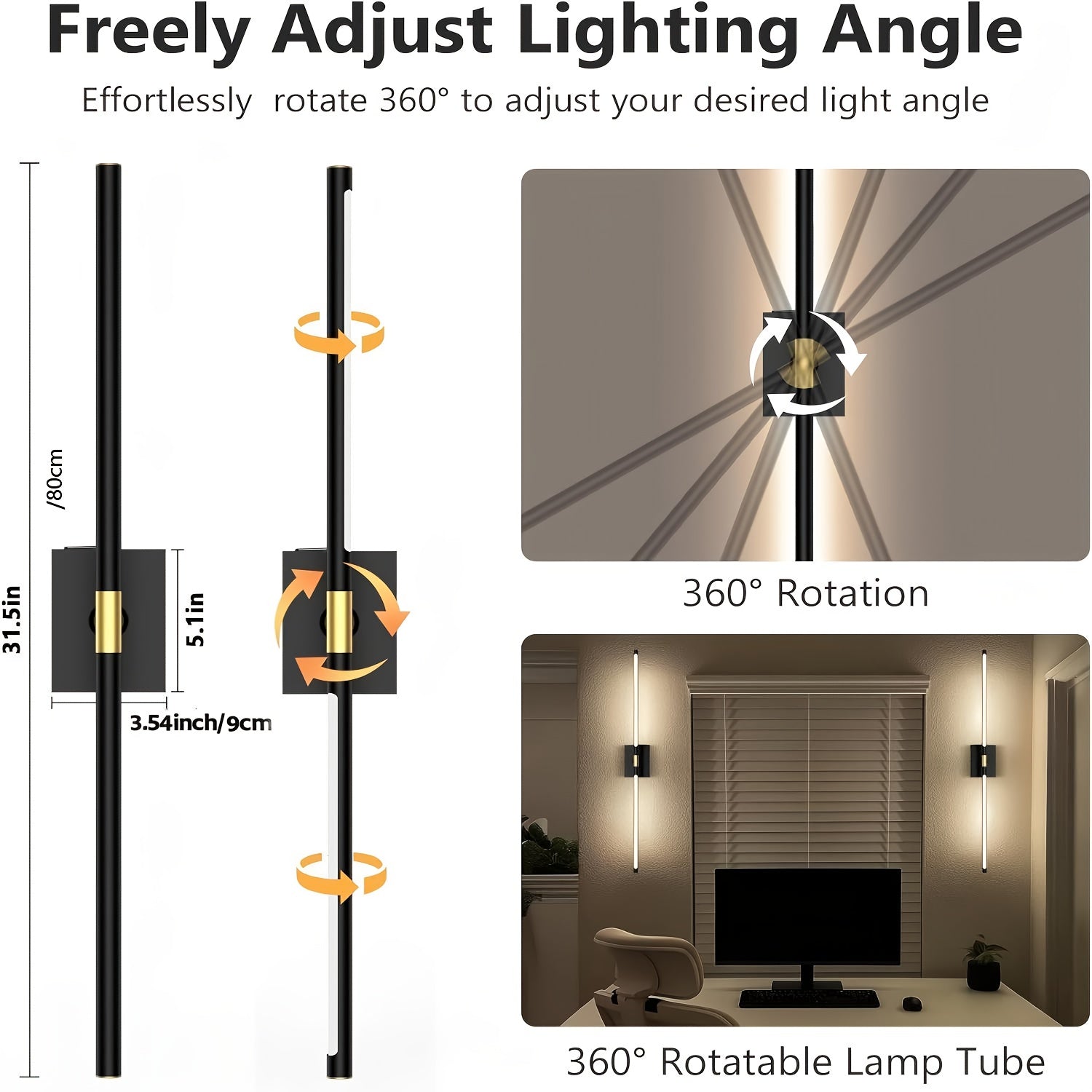 Removable Rechargeable Battery Powered, 31.5-Inch Wireless Wall Light, 360° Adjustable Lighting Angle: Features Include 4 Color Temperatures, Infinite Dimming, Touch and Remote Control Options