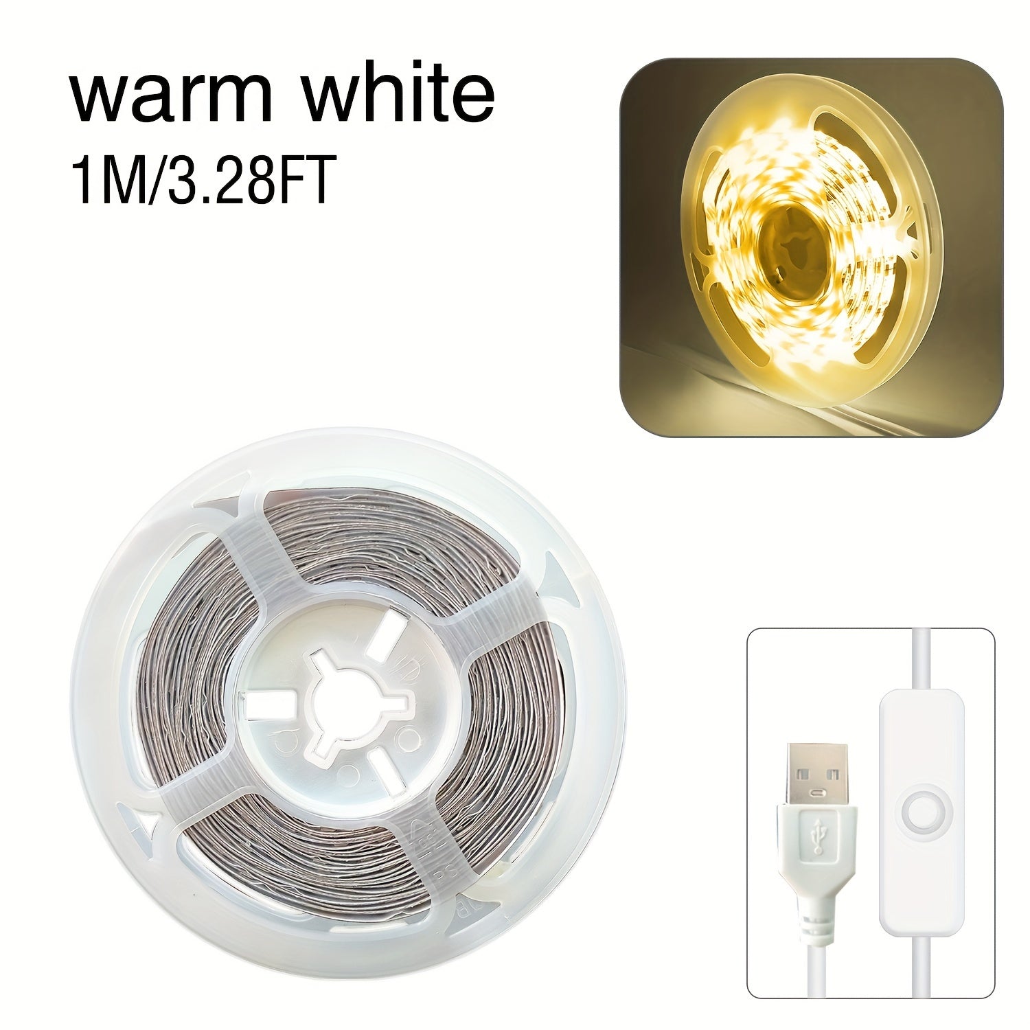 BJ-5VRGB 暖/白LED灯5V自带开关按钮， USB供电，高显色，灵活，可粘贴，可裁剪。卧室，衣柜，厨柜，家庭可DIY照明