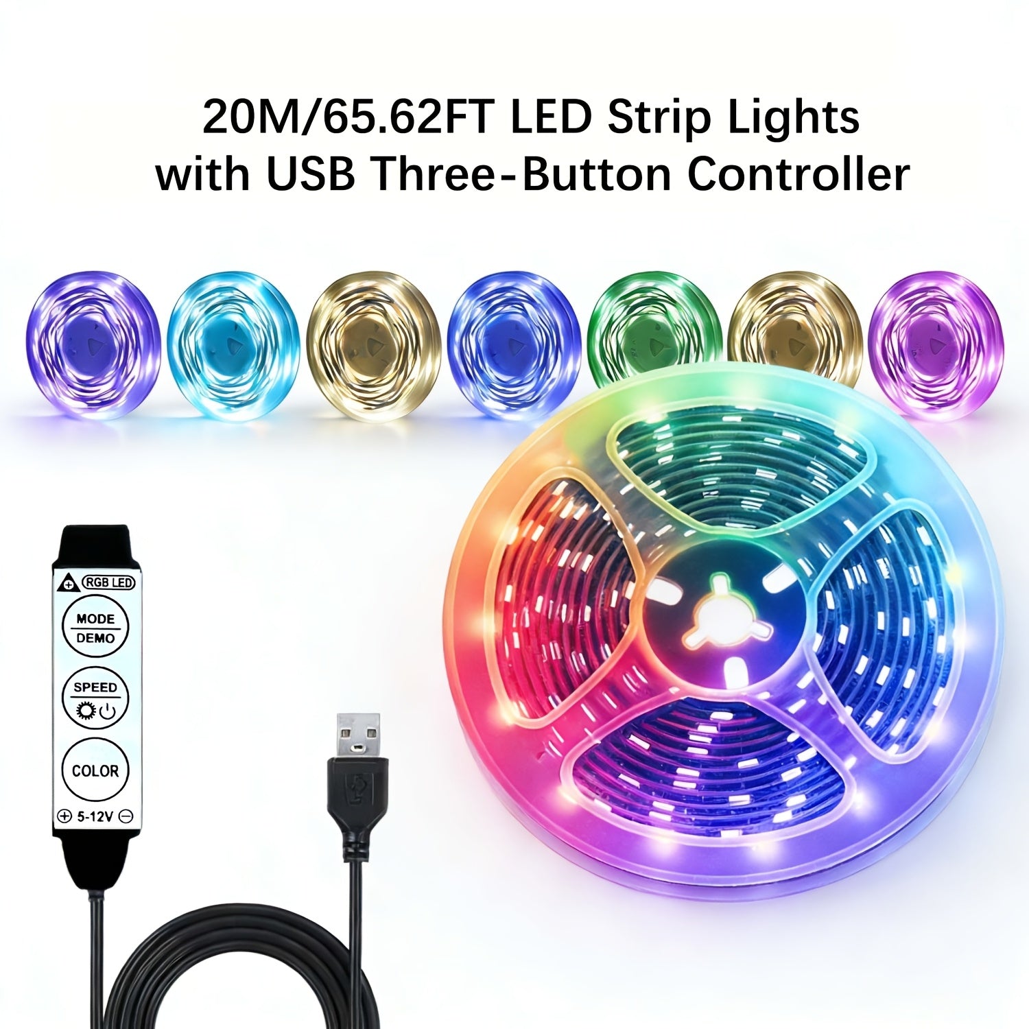 3535 RGB LED 灯带 2/5/10/15/20 米 3 键控制器 5V USB 供电 柔性灯条 客厅卧室电视背景墙 圣诞派对氛围灯 宿舍电竞房装饰灯串 可裁剪自粘 氛围照明