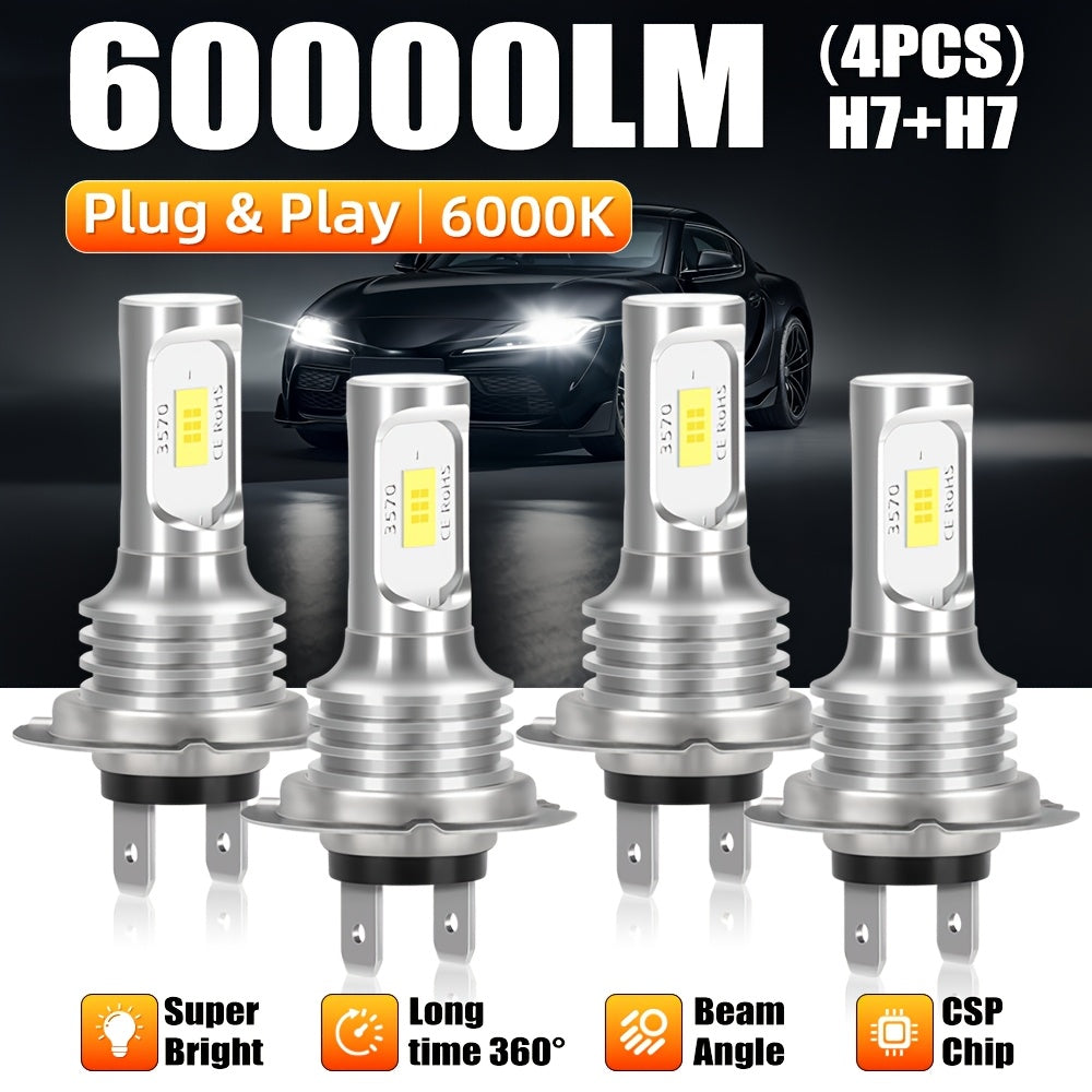 Set of 4 H7 LED Car Headlight Bulbs, Emit 6000K Cool White Light, 180W Brightness, 600% Brighter. They Feature High/Low Beam Function and Compact 1:1 Mini Size for Easy Plug-and-Play Installation