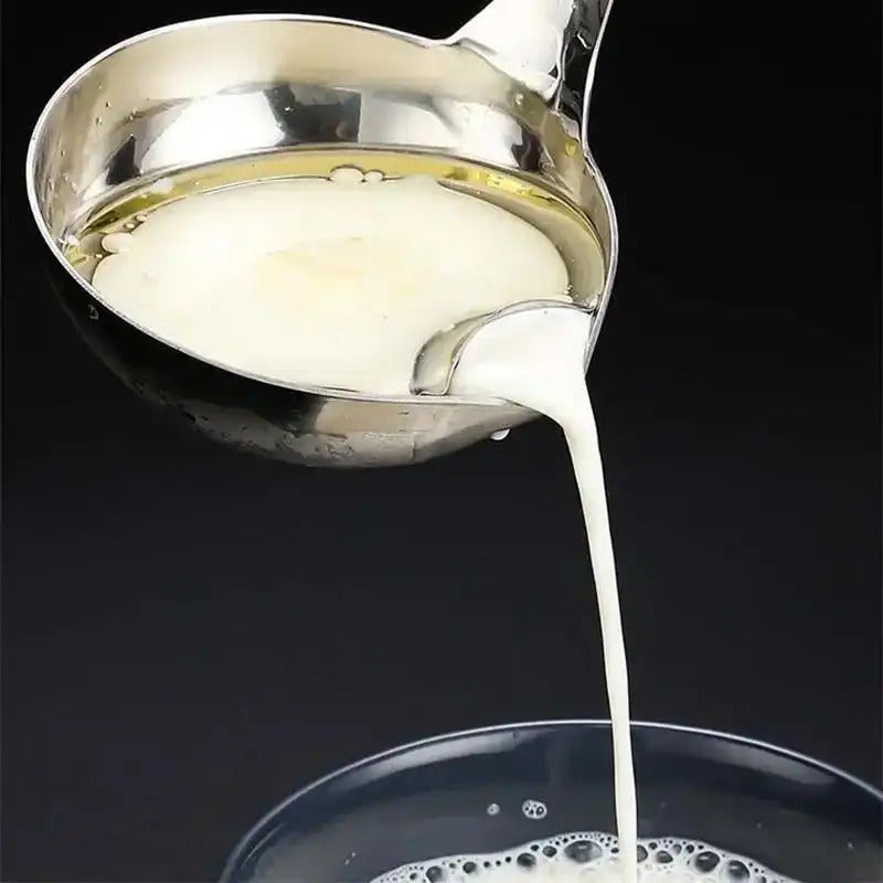 1 Heavy-Duty Stainless Steel Multifunctional Spoon with Two Compartments – Fat & Gravy Separator, Yogurt Tray, Easy-Pour Spout, Sturdy Construction, Compact Design, Space-Saving Kitchen Utensil (Compatible / ), Cooking Accessory