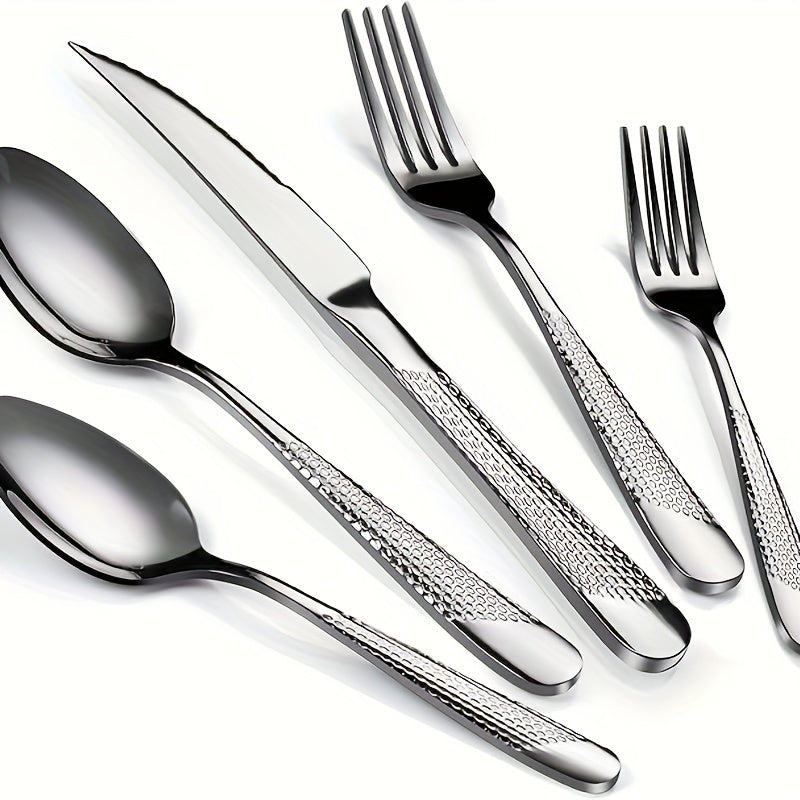 Hammered Silver Flatware Set, 40-Piece Stainless Steel Cutlery Set for 8 – Modern Kitchen Dinnerware Set, Includes Dinner Knife / Fork / Soup Spoon, Mirror Polished, Dishwasher Safe