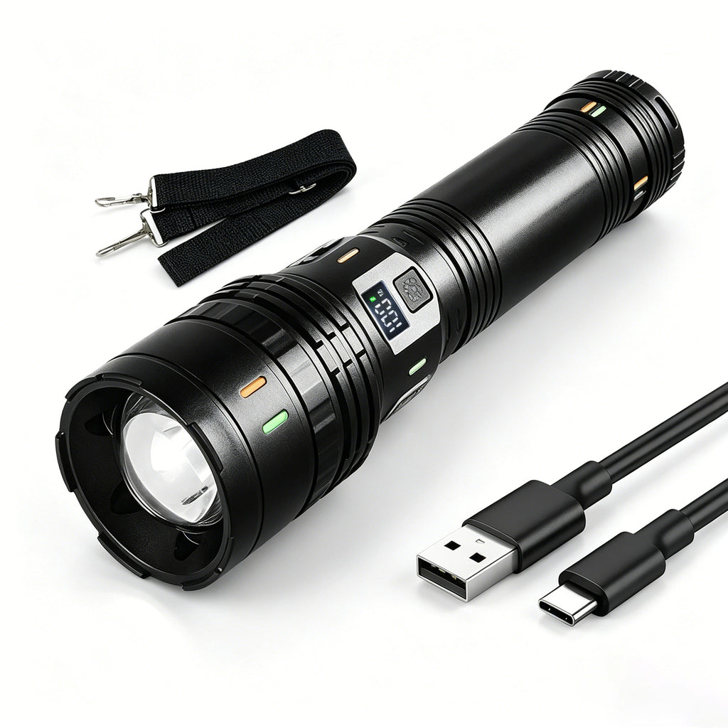 Super Bright High Lumen Telescopic Tactical Flashlight, USB Rechargeable, 3000 Lumen, 3600mAh, IP44 Waterproof, Ideal for Outdoor, Camping, Adventure, Fishing, Patrol, Home Use and Gift