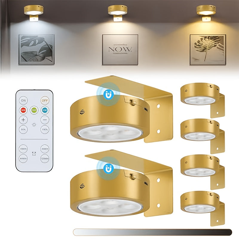 3Pcs Gold Magnetic LED Picture Light, Battery Powered Wireless Wall Lamp, Remote Control Dimmable Timing, 3 Lighting Modes, Art Spotlight for Photo Frame Gallery Decoration