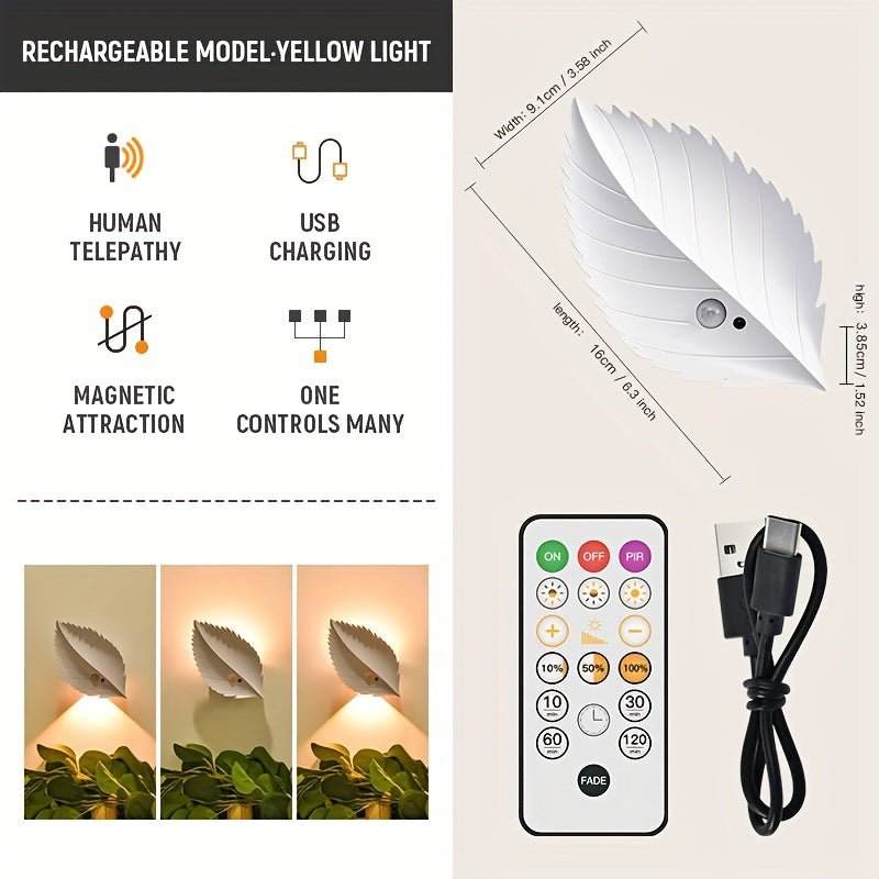 1Pcs LED Leaf Shape Spotlight, Rechargeable Motion Sensor Wall Light, RGB Color Ambient Lamp, Warm Night Light, Stepless Dimmable Magnetic Remote Wall Light for Bedroom Living Room Corridor Stairway