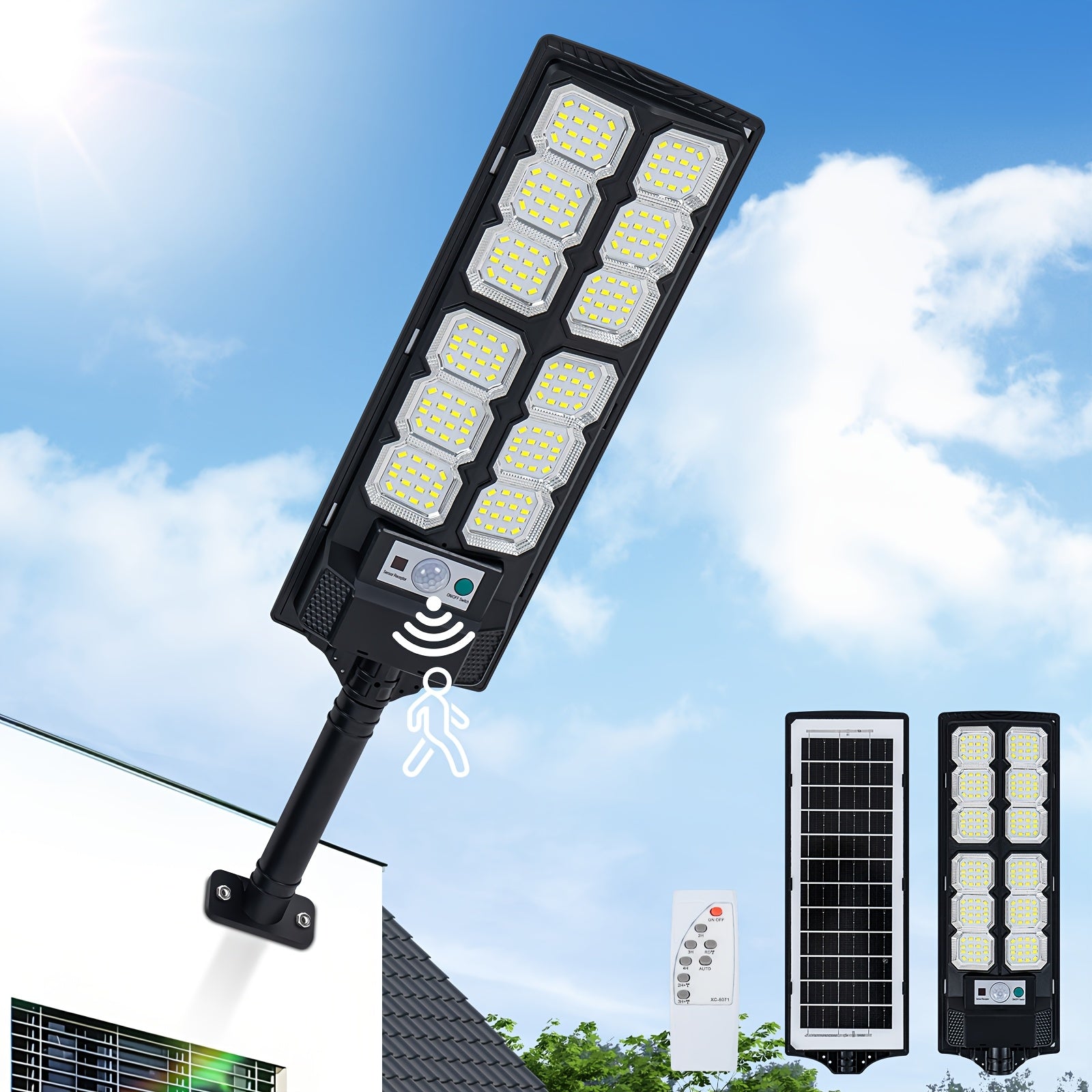 Super Bright LED Solar Street Light, Outdoor Waterproof Parking Lot Light, Garden Solar Lighting (Dusk to Dawn), Wide Angle Motion Sensor and Remote Control, Perfect for Garden, Patio and Road Lighting