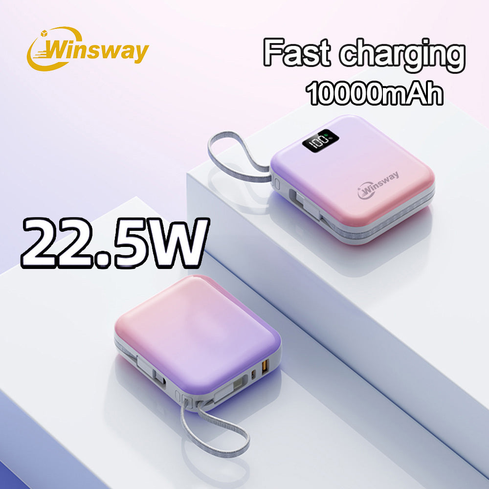 Winsway 10000mAh mini gradient color convenient mobile power bank, built-in USB-C cable, dual line 2-in-1, 22.5W fast charging portable charger, LED display screen, portable for boarding, outdoor travel, preferred gift giving