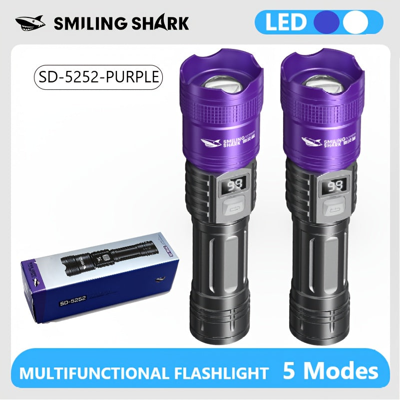 2-Pack Smiling Shark Rechargeable UV Flashlight | Xpe+395nm Purple Light, Retractable Focus Zoomable Flashlight, Detects Hidden Stains & Pet Soils, Lightweight & Portable, Built-in Lithium Battery, Long-Lasting, Ideal for Camping, Work & Travel