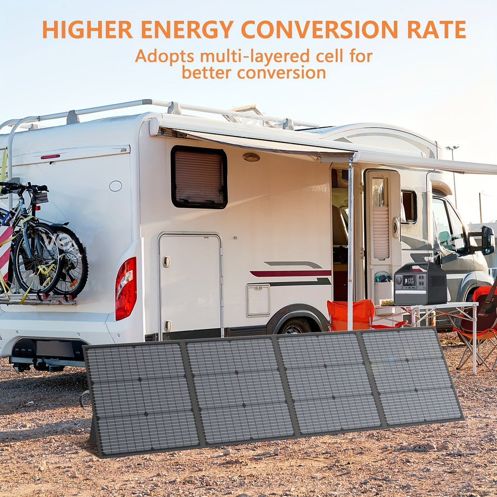 220瓦行動式太陽能發電板，適用於露營電源站，露營必備品，220W 40V可摺疊太陽能板配太陽能線，23.5%高效發電，帶4個支架，適用於露營房車停電時使用。萬聖節秋季主題