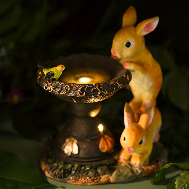 Outdoor Solar Light Creative Double Rabbit Drinking Water Ornament Resin Craft Garden Courtyard Light Balcony Animal Decoration Suitable for Porch, Courtyard and Gardening Decoration, Ideal Gift for Women and Grandmothers
