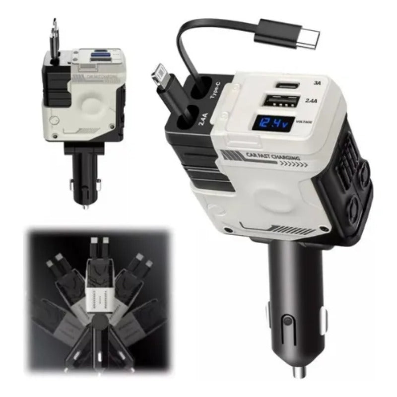 A Stylish Mech Car Charger That Offers Fast Charging, Supports Simultaneous Charging of Four Devices, Includes Two Retractable Cables, Features 180-Degree Rotation Adjustment, Has a Voltage Display Function
