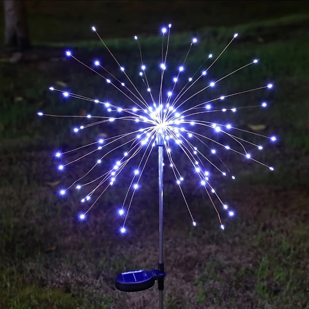 2个太阳能花园烟火灯 - 90颗LED，智能光感自动亮度调节，适合庭院、后院及小径装饰