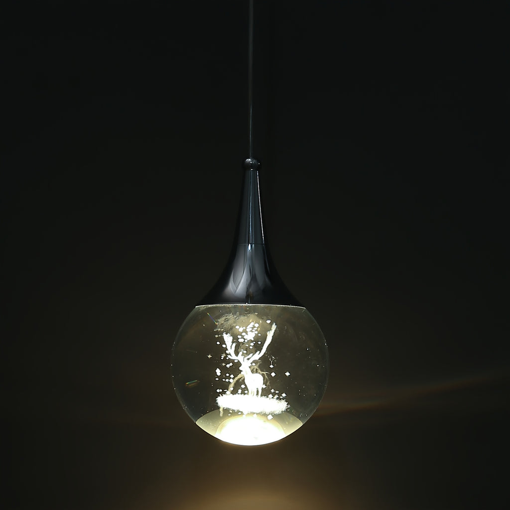 Enncll modern chrome globe LED pendant light, with 3D deer crystal lampshade - adjustable hanging height, polished metal finish, warm 3200K light, suitable for kitchen island, dining room or bar, elegant teardrop design