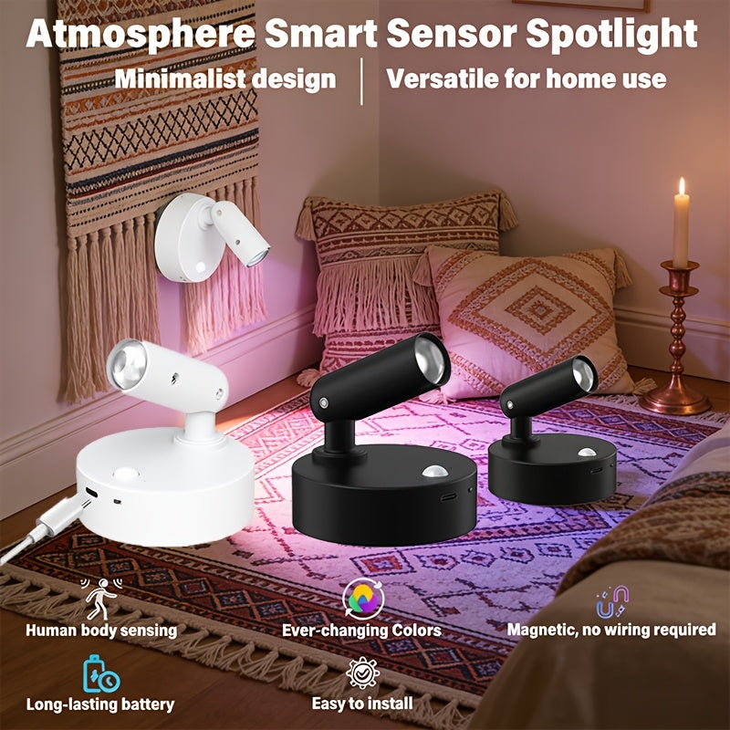 Smart ambiance sensor spotlight, no-wiring magnetic installation, living room accent wall ambiance light / bedroom bedside night light / hallway corridor sensor light / study room partial decorative light