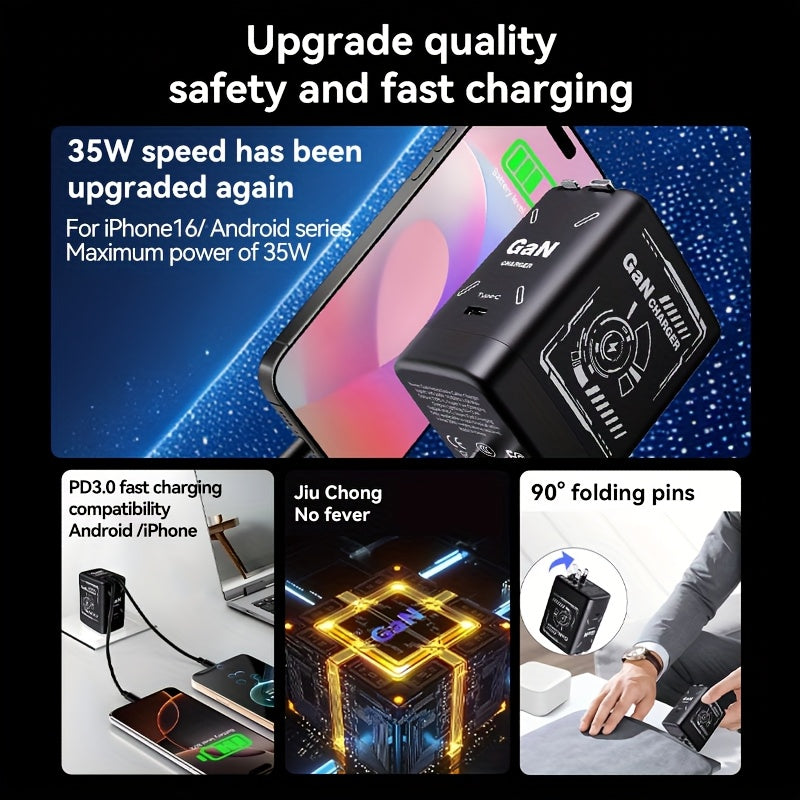 PD3.0 Rapid Charging 35W Gan 3-In-1 - Includes 2 Retractable 47.24inch Cables And 1 Type-C Port, a Versatile Fast Charging Plug Compatible with Multiple Fast Charge Devices, Compact And Portable, Featuring Dual Charging Cables of 47.24inch