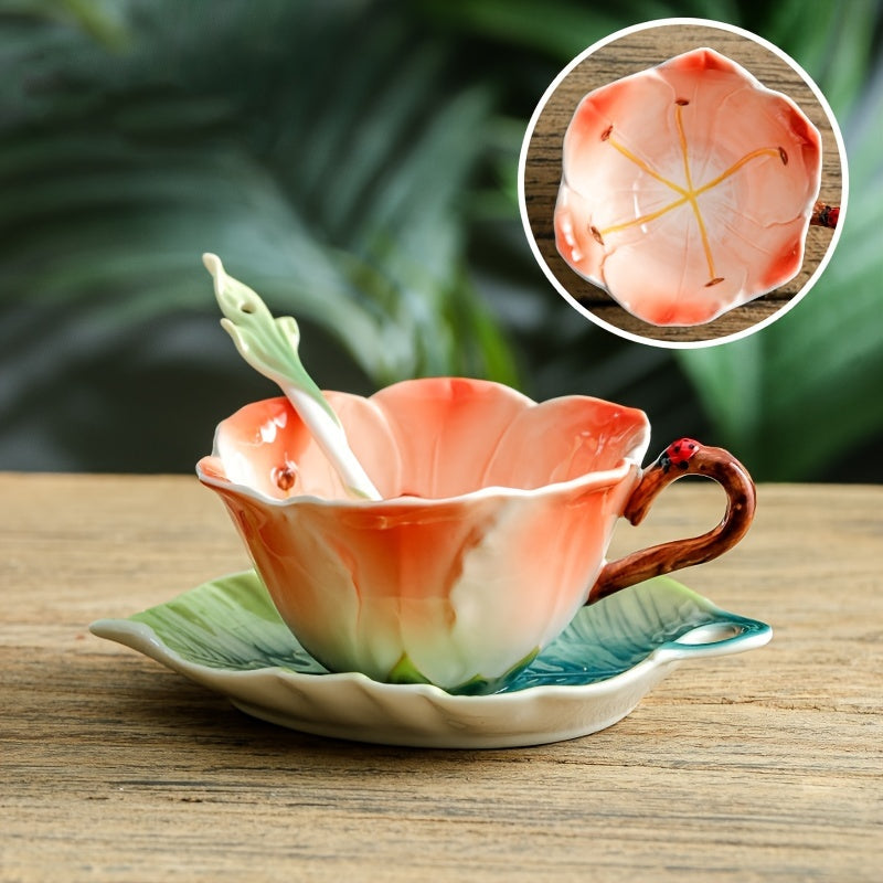 Elegant 3-Piece Ceramic Tea Set (Includes Tea Spoon, Cup & Saucer) – Vibrant Floral Pattern, Perfect for Home & Restaurant Use