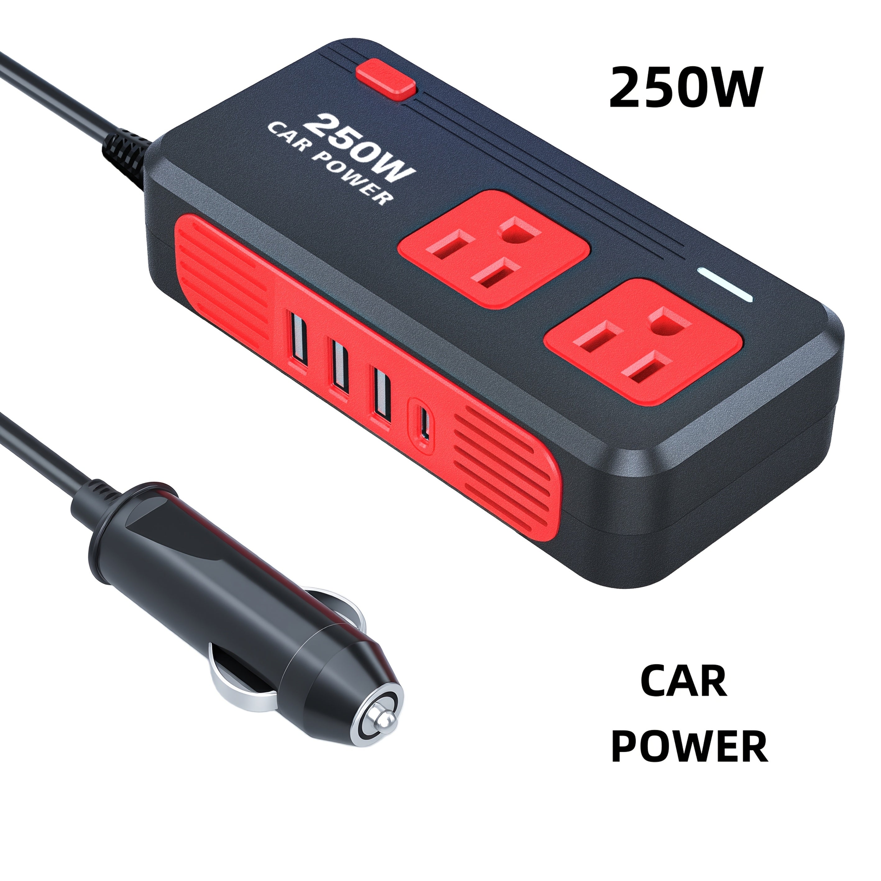 250W QC 3.0新款车载电源逆变器，配备3个USB接口与Type-C接口，快速充电器，12V直流转110V交流转换器，适用于公路旅行与露营，可用于电脑、汽车、卡车、房车，无需电池