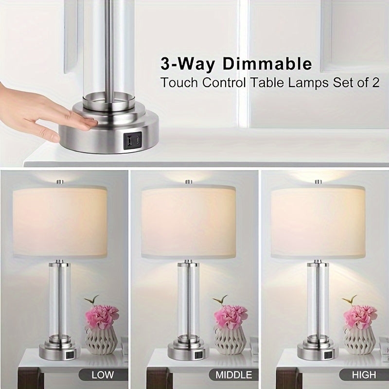 Touch control USB-C+A table lamp set for bedroom (2 pieces), 3-level dimmable modern bedside night light with cream fabric shade, reading bulb included