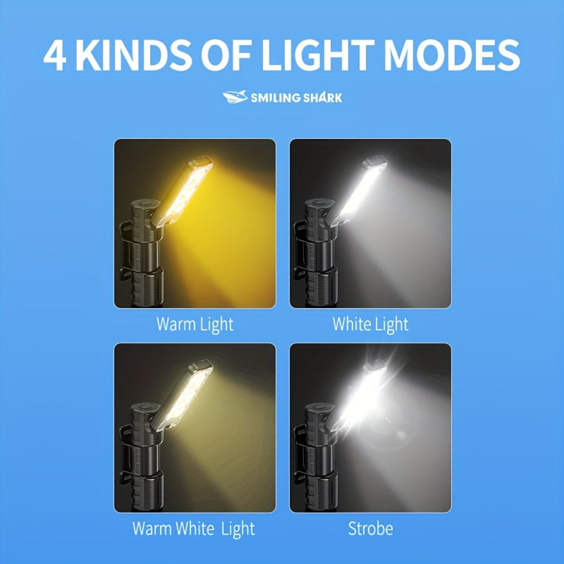 1 Smile Shark COB Ultra-Bright Work Light, Rechargeable LED Work Light, Portable Magnetic Work Light Flashlight, 180° Rotating with 3 Modes, Small Strong Magnetic Flashlight, Ideal for Under Hood, Car Repair, Inspection & Outdoor Use, Mini COB Work Light